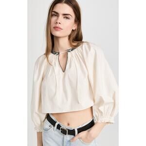 RE/DONE Victorian Cut Off Blouse M Vintage Ivory Balloon Sleeve Ruffle Cuffs NWT